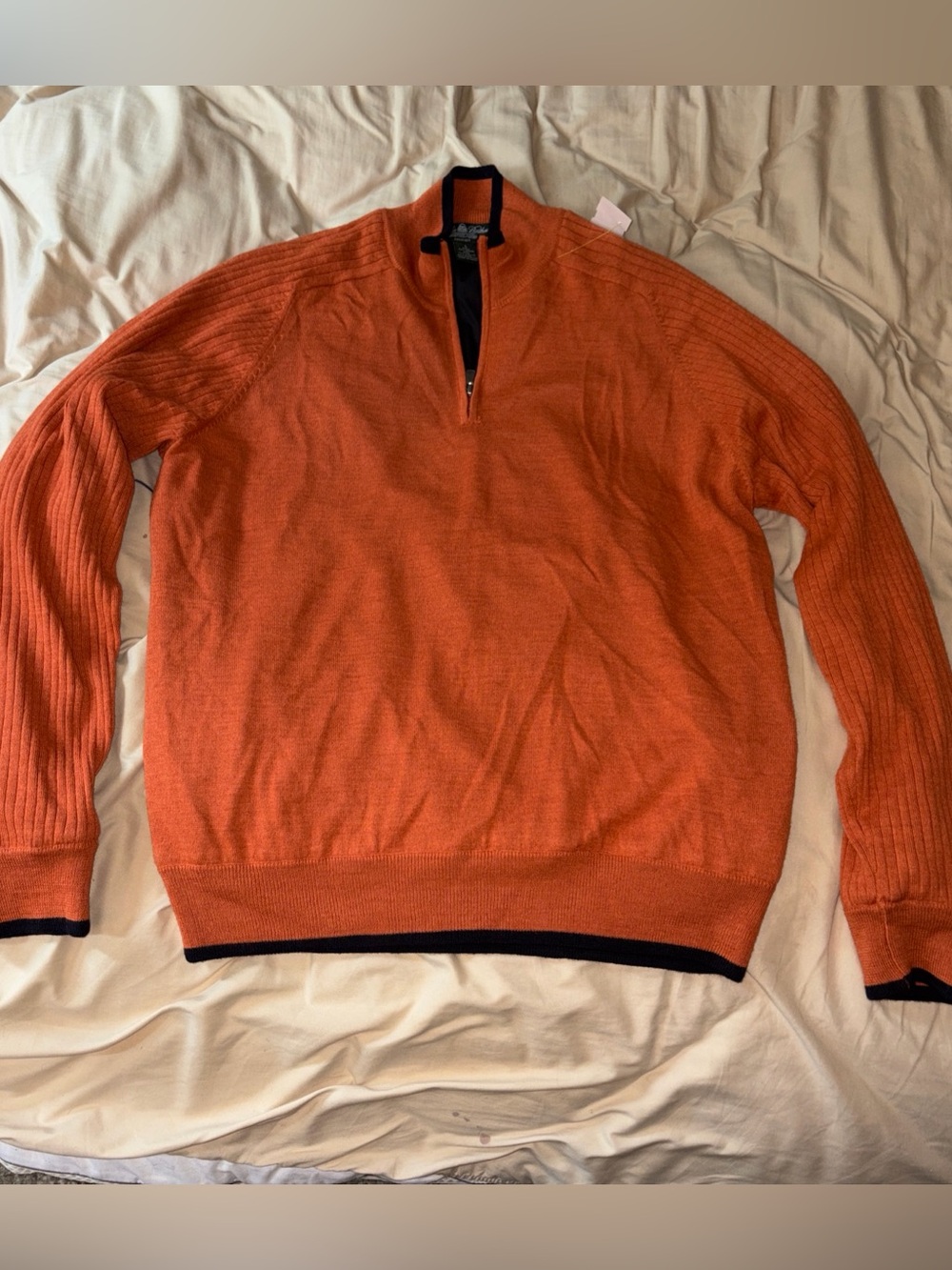 Brooks Brothers Men L Orange Merino Wool Acrylic Lined Wind Sweater 1/4 Zip Golf